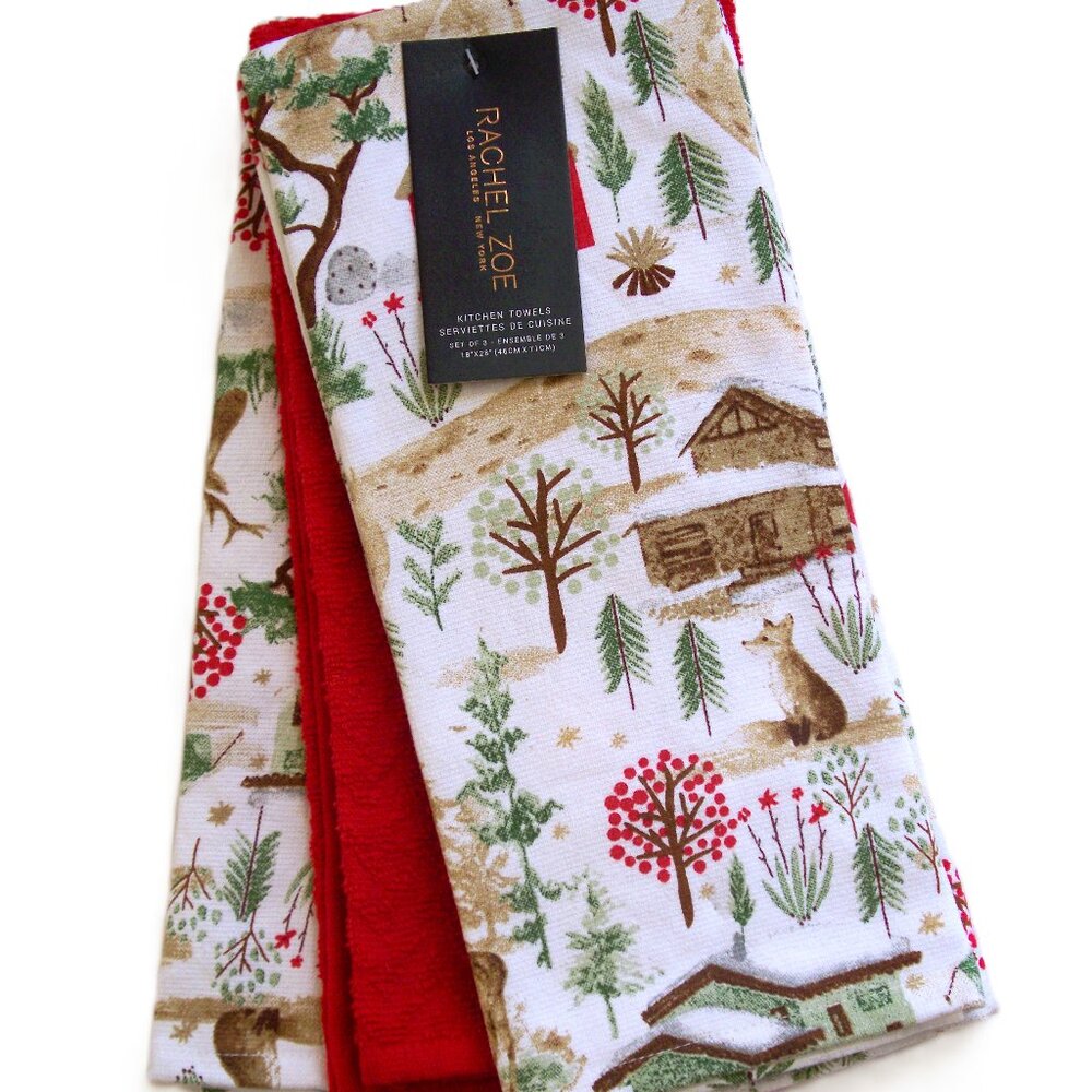 Rachel Zoe Kitchen Towels 3 Pc Set Winter Woodland Fox Cabins 100% Cotton NWT